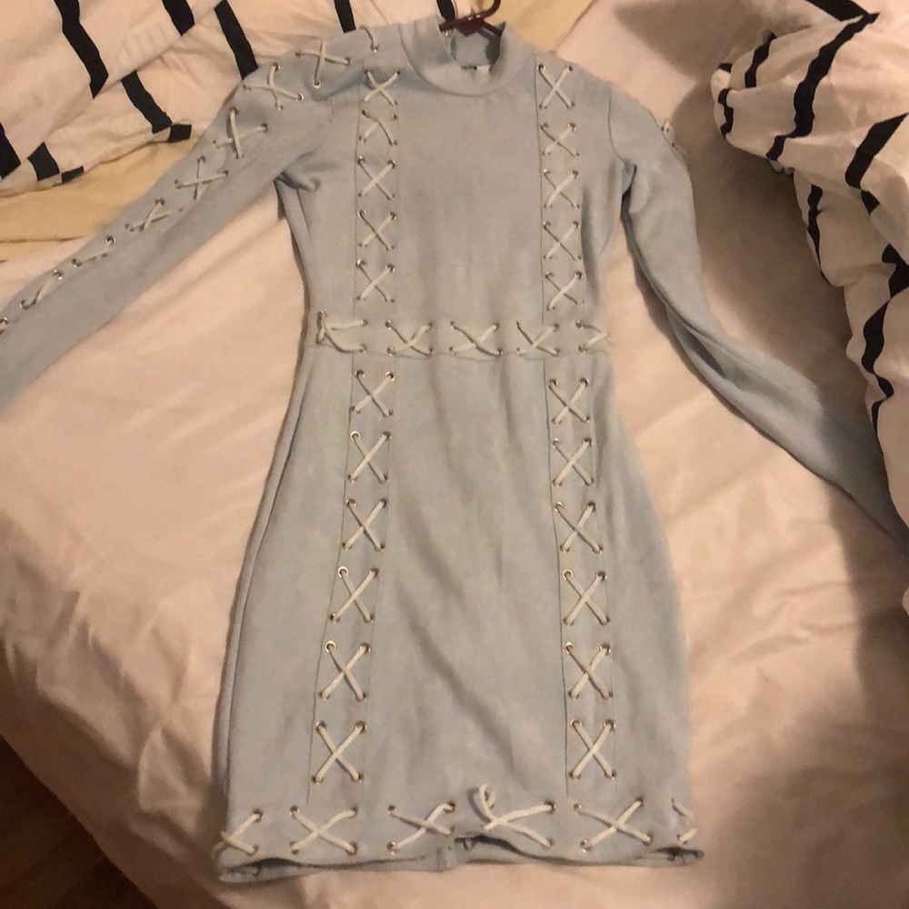 Blue sued long sleeve dress -oh Polly